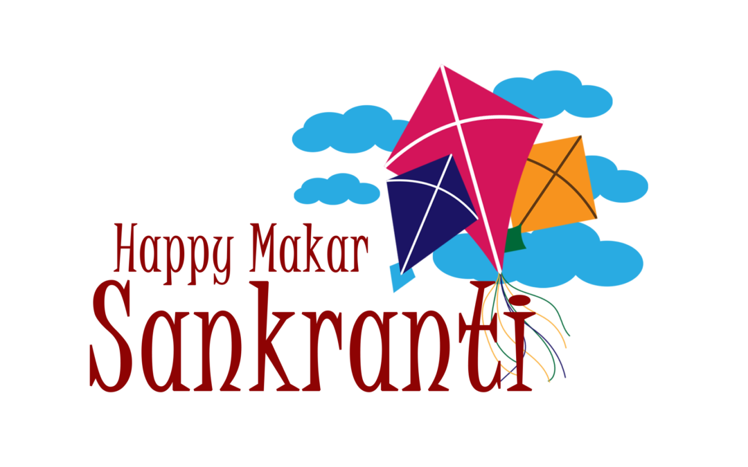 Creative Indian festival Happy Makar Sankranti poster design with group of colorful kites flying cloudy sky.